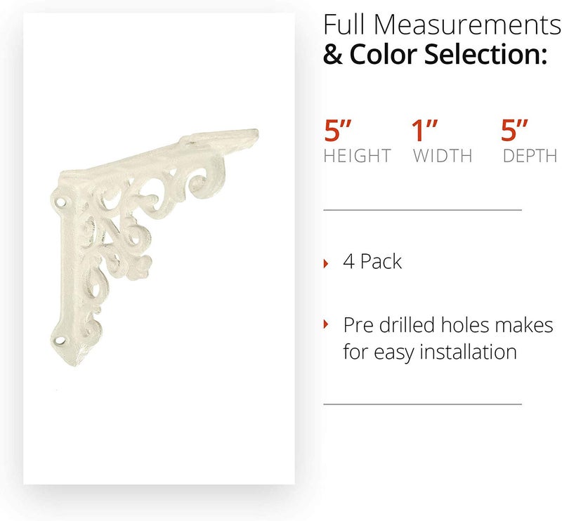 NACH Decorative Shelf Brackets, 4 Pack of 5 x 1.2 x 5 inch, Antique White Cast Iron Wall Shelf Brackets - Decorative Bookshelf Brackets - Victorian Style Shelf Bracket - Image 3
